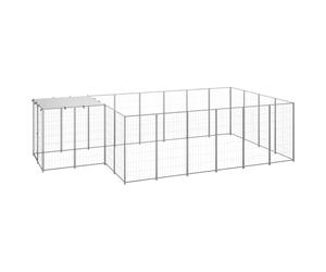 Chenil argenté 8,47 m² en acier avec auvent, cage extérieure robuste avec ventilation et porte de sécurité, abri résistant aux intempéries pour chien