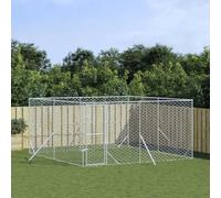Chenil d'extérieur argenté 4 x 4 x 2 m en acier galvanisé - Grand enclos extérieur pour chien, chiot, animal de compagnie - Avec porte verrouillable
