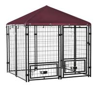 Chenil Extérieur Chien - Cage Chien - Enclos Chien - Toile Toit Imperméable Anti-Uv, Porte Verrouillable, 2 Bols Rotatifs - Acier Noir Oxford Pourpre