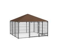 Chenil extérieur couvert pour chien 2 supports gamelles rotatifs porte verouillable acier noir