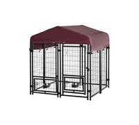 Pawhut - Chenil extérieur pour chien - cage chien - enclos chien - toile toit imperméable anti-UV, porte verrouillable, 2 bols rotatifs - acier noir oxford pourpre