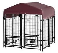 Pawhut - Chenil extérieur pour chien - cage chien - enclos chien - toile toit imperméable anti-UV, porte verrouillable, 2 bols rotatifs - acier noir oxford pourpre