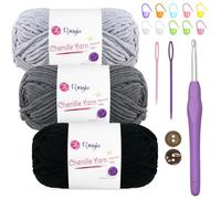 Chenille laine pour crochet 3x50g (60m/bobine) Ensemble de fil chenille pelucheux avec crochet de 5mm & accessoires Laine douce pour bébé pour crochet & tricot Chunky, laine douce pour projets DIY