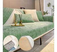 Chenille Sofa Covers, Simple Striped Chenille Anti-Scratch Couch Cover, Non Slip Sofa Covers for Dogs, Washable Furniture Protector Couch Cover for All Season (Green,110*110 cm/46.3*43.3 in)
