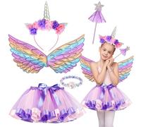 Chennyfun Deguisement Princesse Licorne Fille, Jupe Tutu Avec Ailes Bandeau Licorne,Baguette de Fée, Robe Princesse Fille Licorne, pour Fête Anniversaire Carnaval Halloween Ensemble Cosplay à Thème