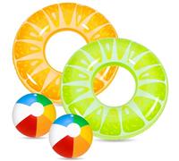Chennyfun Gonflable Anneau de Natation 4 PCS Jouet, Matelas Gonflable D'été Eau Jouet pour Piscine Plage, avec Motif de Orange, Citron, avec 2 Ballon de Plage, Décoration pour Fête de Piscine