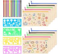 Chenquansarl-10 Pièces Pochette Tissu Avec 12 Crayons Aquarelle Et 4 Gabarits, Pochette Tissu Zippée Diy Vierge Toile Trousse Sac De Peinture En Tissu Pochette Maquillage Pochette Rangement
