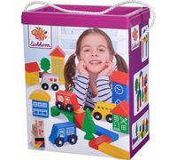 ChenQuanSarl-50 Blocs De Construction En Bois Colorés City Blocks Avec Impression, Dans La Boîte De Rangement Avec Cordon Et Couvercle De Tri, 100% Bois De Hêtre Certifié Fsc, À Partir De 1 An