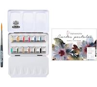 Chenquansarl-Academy Boîte De Peinture Aquarelle En Métal, 12 X 1/2 Godets + Bloc De Cartes Postales Aquarelle Hahnemühle 10,5 X 14,8 Cm Avec Mini Pinceau Da Vinci