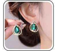Chenquansarl-Boucles D'oreilles À Tige Vintage En Forme De Goutte D'eau Avec Émeraude Ovale En Forme De Goutte D'eau Et Strass - Petites Boucles D'oreilles Ovales En Cristal Vert - Bijoux Pour Femme