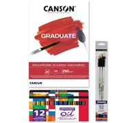 Chenquansarl-Canson Graduate Oil And Fine Acrylic Block Kit Avec 20 Feuilles De 290g, Set Peinture À L'huile Contient 12 Tubes De 22ml, Et 3 Pinceaux Gradués Manche -
