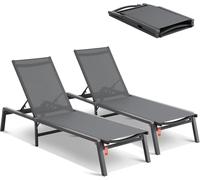 ChenQuanSarl-Cha Longue Jardin Extérieur, Lot De 2, Transat De Patio Pliable En Aluminium Avec 5 Positions Réglables, Cha s Inclinables De Bronzage Entièrement Plates Pour Plage, Piscine, Gris Foncé