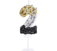Chenquansarl-Décoration De Gâteau D'anniversaire En Forme De Chiffre 2 Avec Couronne Pour 2 Ans - 8,9 Cm - Noir Argenté Et Doré Pailleté