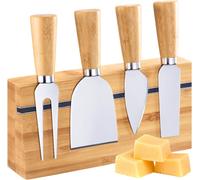 Chenquansarl-Ensemble De Couteaux À Fromage - Set De 5 Pièces Avec Porte-Couteaux En Bambou Pour Un Service Élégant De Différents Types De Fromages, Manipulation Confortable - Acier Inoxydable, Bambo