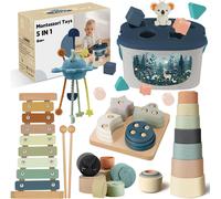 ChenQuanSarl-Jouet Bebe 6 Mois Et Plus,5 En 1 Jouet Montessori,Jeux Sensoriel Bebe Avec Tri De Formes Et Empilement,Xylophone,Jeu De Corde À Tirer Silicone,Gobelets Empilables,Cadeau Bébé 6 9 12 Mois