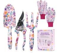 ChenQuanSarl-Lot De 5 Outils De Jardinage Pour Femme Et Maman Avec Boîte Cadeau Et Gants Motif Floral En Métal Idéal Pour La Fête Des Mères, Noël, Un Anniversaire