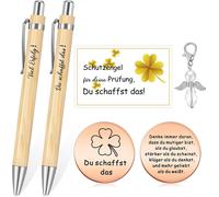Chenquansarl-Set Cadeau D'encouragement Stylo De Motivation Pendentif Ange Gardien Porte-Bonheur Feuille De Trèfle Du Schaffst Das Sac En Organza Cadeau Pour Ami Collègue Examen (Couleur Bois, Or Ros