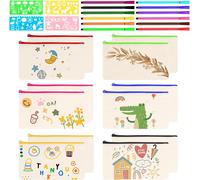 Chenquansarl-Trousses À Crayons Vierge,12 Pièces Diy Pochette Tissu Zippée Trousse,Trousse Personnalisable,Toile Trousse De Rangement Avec 12 Crayons Aquarelle Et 4 Gabarits