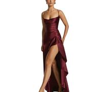 CHENSHI Robe Femme Chic Et Elegant Élégant Spaghetti Strap Satin Split Maxi Femmes Sexy Bodyless Bodycon Party Night Summer Holiday Beachwear-Bourgogne-m