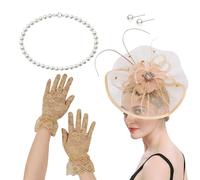 Chenxi Studio Chapeau bibi à fleurs avec collier et gants pour cocktail, événement, déguisement, jeu de rôle, accessoires de jeu de rôle, doré, taille unique