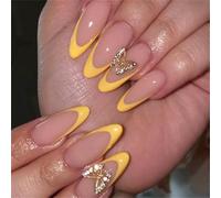 Chenxi Studio Lot de 24 faux ongles à coller avec motif papillon et strass Jaune