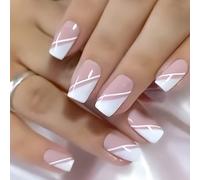 Chenxi Studio Lot de 24 faux ongles brillants en acrylique rose et blanc - À presser - Couverture complète - Pour femme et fille
