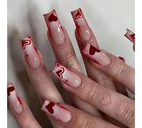 Chenxi Studio Lot de 24 faux ongles carrés à presser en forme de cœur avec pointe française brillante pour femme