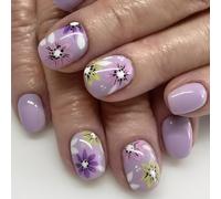 Chenxi Studio Lot de 24 faux ongles carrés courts à presser - Motif floral - Couvrance complète - Pour femme
