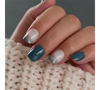 Chenxi Studio Lot de 24 faux ongles courts brillants bleu mer French Tip avec motifs scintillants pour femme