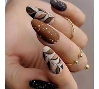 Chenxi Studio Lot de 24 faux ongles longs à presser en forme d'amande - Couvrance complète des ongles - Feuilles de café - Ongles en acrylique pour femme