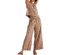 Chenxiyin Tenue d'été 2 pièces pour femme, ensemble de salon vichy Y2K, haut sans manches, pantalon à jambes larges, ensemble assorti, marron, M