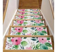 CHENZZZZ Lot de 15 marches d'escalier antidérapantes - Fleurs roses avec feuilles - Pour marches en bois - Lavables et réutilisables - Pour enfants et chiens - 20,3 x 76,2 cm