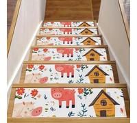 CHENZZZZ Lot de 15 tapis d'escalier antidérapants avec animaux de la ferme et des fleurs, 20,3 x 76,2 cm pour marches en bois, tapis d'escalier résistant avec tapis réutilisable et sans résidus pour
