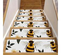 CHENZZZZ Lot de 15 tapis d'escalier antidérapants pour marches en bois d'intérieur - 20,3 x 76,2 cm - Motif abeille et fleur de miel - Pour escaliers en bois - Pour enfants et chiens