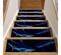 CHENZZZZ Lot de 15 tapis d'escalier d'intérieur à motif requins bleus pour marches en bois, tapis de couloir d'intérieur, à décoller et à coller, lavable, 76,2 x 20,3 cm