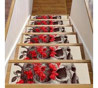 CHENZZZZ Lot de 15 tapis d'escalier vintage avec tête de mort et fleurs de cerisier (20,3 x 76,2 cm) antidérapants réutilisables pour marches d'escalier en bois d'intérieur