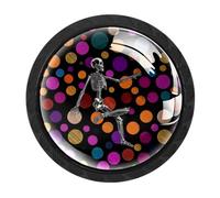 CHENZZZZ Lot de 4 boutons d'armoire ronds pour maison, armoire, bureau, cuisine, commode et placard, motif squelette de danse et cercles colorés (1) poignée de tiroir en verre avec vis