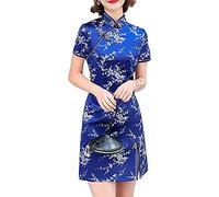 Cheongsam Costume à manches courtes et fente latérale Imprimé floral Col mandarin Vintage Chinois Soirée Mini Bodycon Cocktail Tenue, 145-6-bleu, L