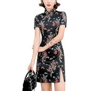 Cheongsam Costume à manches courtes et fente latérale Imprimé floral Col mandarin Vintage Chinois Soirée Mini Bodycon Cocktail Tenue, 146-4-noir, M