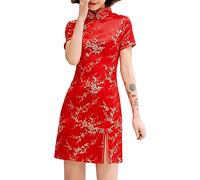 Cheongsam Costume à manches courtes et fente latérale Imprimé floral Col mandarin Vintage Chinois Soirée Mini Bodycon Cocktail Tenue, 145-1-Rouge, L