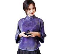 Cheongsam Femmes Printemps Soie Satin Imprimé Épissure Style Chinois Rétro Tang Costume Qipao Chemises, violet, XL