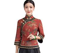 Cheongsam Femmes Printemps Soie Satin Imprimés Épissure Rétro Style Chinois Tang Costume Qipao Chemises Femme, Rouge, XL