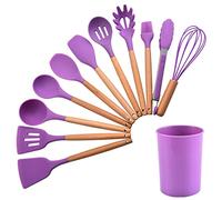 CHEOTIME Ensemble d'ustensiles de cuisine 12 pièces, ensemble d'ustensiles de cuisine en silicone, poignées en bois, batterie de cuisine tolérante à la chaleur, outils de cuisine (Purple)