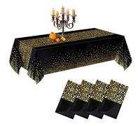 CHEPULA Lot de 4 nappes jetables imperméables rectangulaires - Convient pour fête, anniversaire d'enfant, mariage, Noël - 137 x 274 cm - Noir et doré