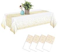 CHEPULA Nappe Jetable, 4 PCS Nappe Anniversaire Imperméable à l'eau, Nappe Rectangulaire pour la Fête, Anniversaire Enfant, Mariage, Noël, 137 x 274 cm, Blanc & Or