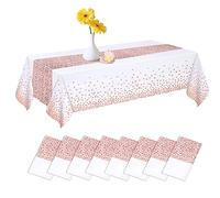 CHEPULA Nappe Jetable, 8 PCS Nappe Anniversaire Imperméable à l'eau, Nappe Rectangulaire pour la Fête, Anniversaire Enfant, Mariage, Noël, 137 x 274 cm, Blanc & Or Rose