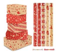 CHEPULA Papier Cadeau Noël 5 Rouleau, 43cm x 300cm Papier Emballage Cadeau Noel, Vintage Papier Noel Demballage, Recyclable Kraft Papiers Cadeaux, Rouge & Marron