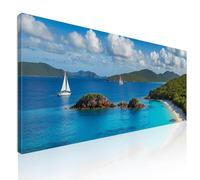 CheQuadro! Grand tableau marin pour salon, tableau moderne coloré Baie tropicale avec voilier et mer bleu impression sur toile, encadré prêt à accrocher seal16-200x80 cm