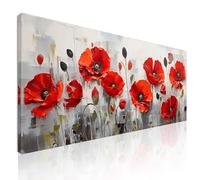 CheQuadro! Tableau moderne salon, grand tableau, coquelicots rouges sur fond gris moderne, sur toile, encadré prêt à accrocher bow35-90x40 cm