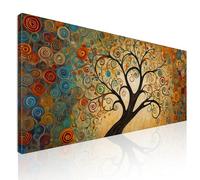 CheQuadro! Tableau moderne salon, horizontal long, arbre de vie avec spirales colorées et fond doré, sur toile, encadré prêt à accrocher bow3-130x60 cm